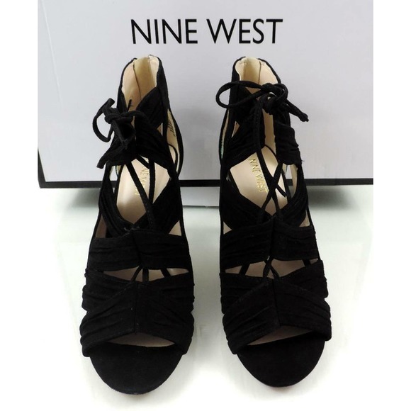 Nine West GALAXY Peep-Toe Lace-up Mid Heel Sandals Back Zip Suede Black Size 7.5 - Picture 6 of 8